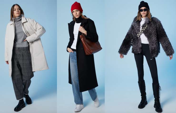 В съемке образов для зимы от Familia, стилизованной амбассадором бренда Софи Елисеевой, есть в том числе луки с однотонной водолазкой