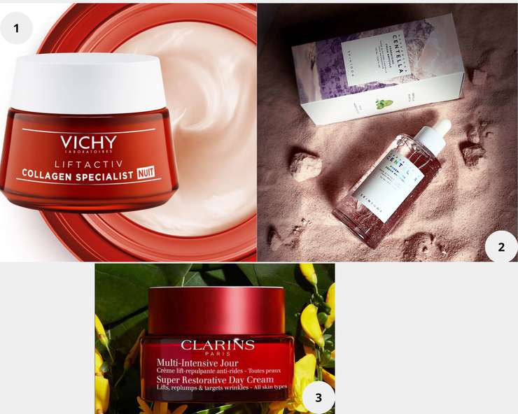 1. Vichy Антивозрастной крем VICHY Liftactiv Collagen Specialist дневной. 2. Сыворотка для проблемной кожи с розовой солью, экстрактом центеллы и комплексом пептидов-9, Skin1004. 3. Восстанавливающий дневной крем с эффектом лифтинга для любого типа кожи, CLARINS.
