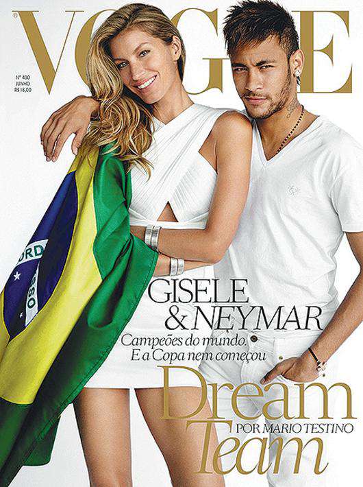 Обложка бразильского Vogue с Жизель Бундхен и футболистом Неймаром на обложке.