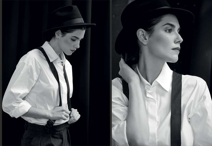 Рубашка, Vassa & Co; брюки, Preen by Thornton Bregazzi (LaRobe); подтяжки, Stella McCartney (VIPAVENUE); шляпа, Myari