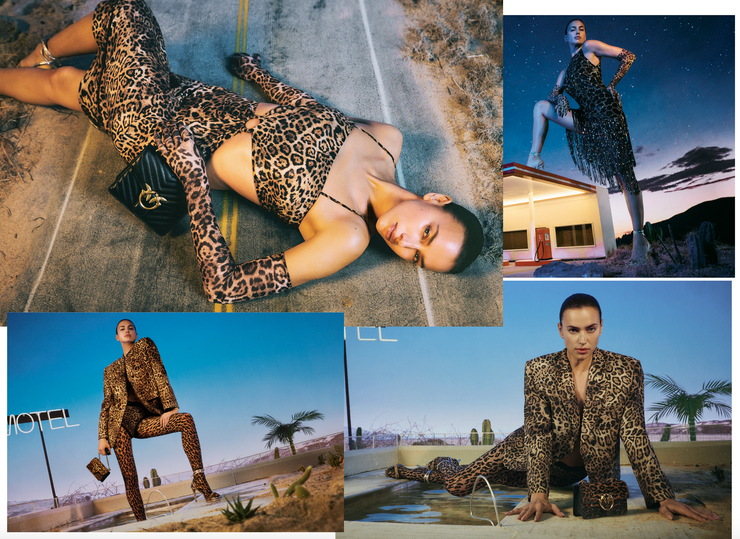 Рекламная кампания Pinko с участием Ирины Шейк. Супермодель примерила образы с леопардовым принтом из весенне-летней коллекции итальянского бренда одежды и аксессуаров