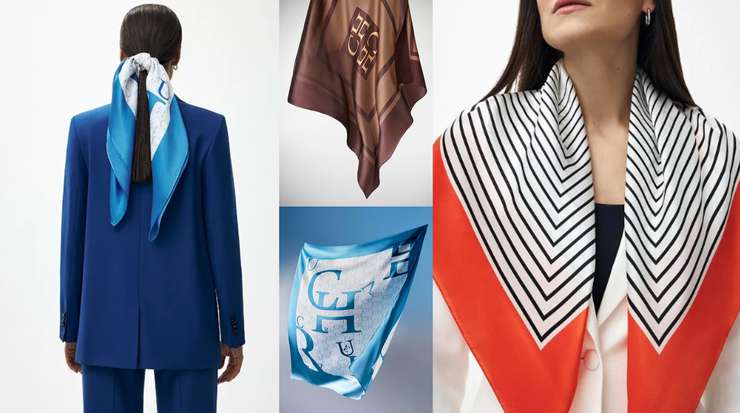 Мы убеждены, что премиальное качество кроется в деталях – напоминанием об этом служит изображение петли жакета в логотипе», - говорят создатели бренда CHARUEL и предлагают шелковые платки как раз с этим логотипом