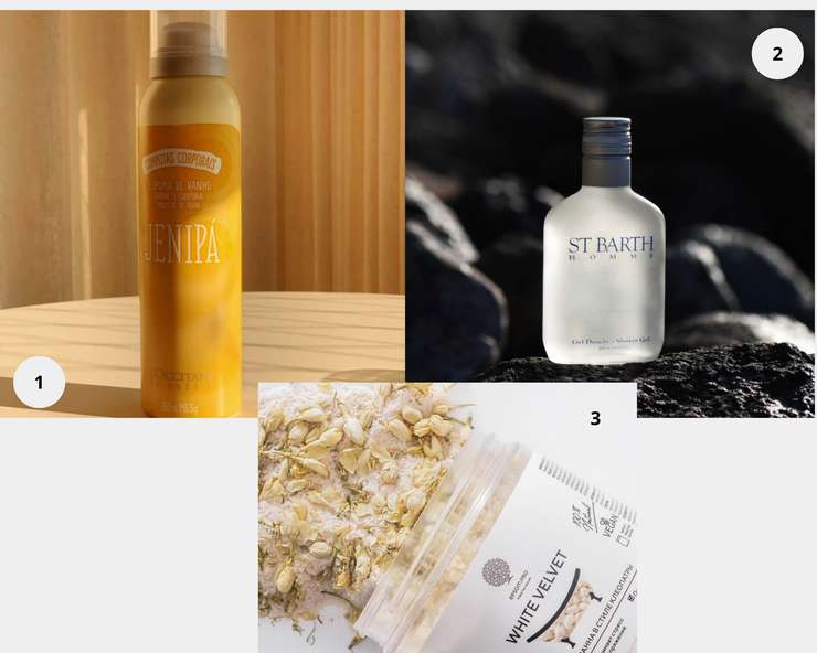 1. Гель для душа Homme LIGNE ST BARTH (м) 2. Мусс для душа Женипапу с ароматом тропических фруктов, L'Occitane au Brésil. 3. Смесь для ванны "WHITE VELVET" с жасмином и кокосовыми сливками, EPSOM.PRO. 1. Гель для душа Homme LIGNE ST BARTH (м) 2. Мусс для душа Женипапу с ароматом тропических фруктов, LOccitane au Brésil. 3. Смесь для ванны WHITE VELVET с жасмином и кокосовыми сливками, EPSOM.PRO.