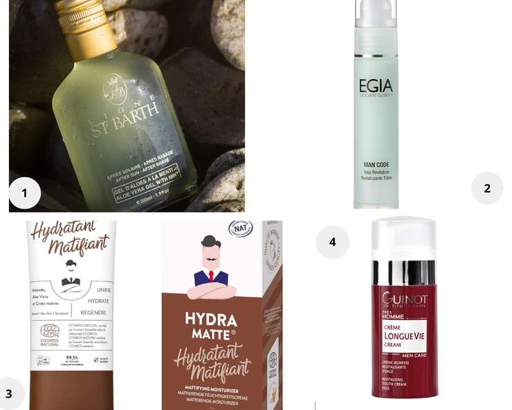 1. Гель алоэ вера с мятой LIGNE ST BARTH. 2. Ревитализирующий энергетический коктейль для мужской кожи MENCODE/ Total Revitalizer, EGIA Biocare System. 3. Уход за кожей MONSIEUR BARBIER. 4. ОМОЛАЖИВАЮЩИЙ КРЕМ С 56 АКТИВНЫМИ КОМПОНЕНТАМИ ДЛЯ МУЖЧИН, Guinot.