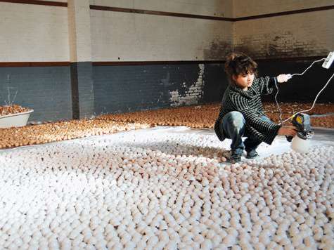 Нике было непросто выложить ковер из двадцати тысяч яичных скорлупок. Нике было непросто выложить ковер из двадцати тысяч яичных скорлупок.