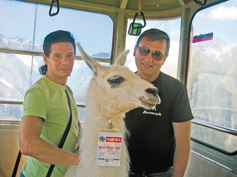 Вместе с дрессировщиками Дмитрием Николау и Виктором Зуйковым лама поднимается в горы на фуникулере.