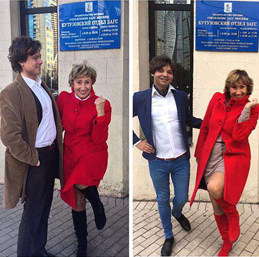 Лариса Копенкина с бывшим мужем Прохором Шаляпиным и новым ухажером Юрием Шараповым у входа в Кутузовский ЗАГС. Фото: Instagram.com/Larakopenkina. 