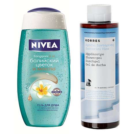Гели для душа Santorini Vine от Corres и «Балийский цветок и масло» от Nivea. Фото: материалы пресс-служб.