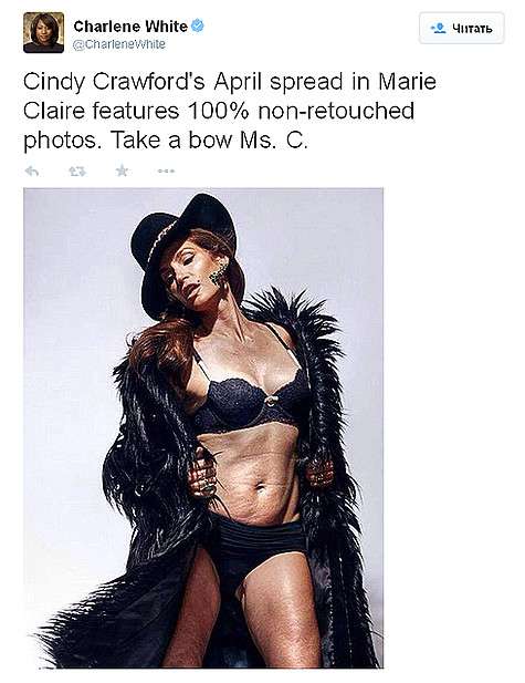 Неотретушированный снимок Синди Кроуфорд. Фото: Twitter.com/@CharleneWhite. Неотретушированный снимок Синди Кроуфорд. Фото: Twitter.com/@CharleneWhite.