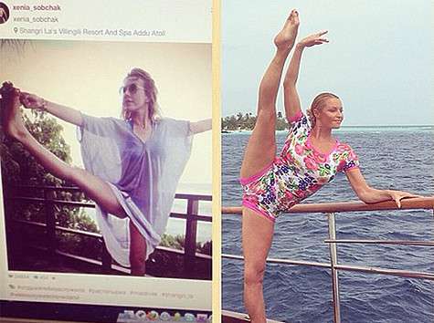 Ксения Собчак частенько пытается спародировать любимую позу Волочковой. Фото: Instagram.com/volochkova_art.