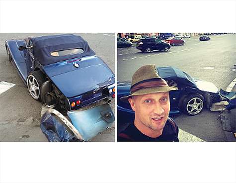 Гоша Куценко на фоне разбитого автомобиля. Фото: Instagram.com/goshakutsenko.
