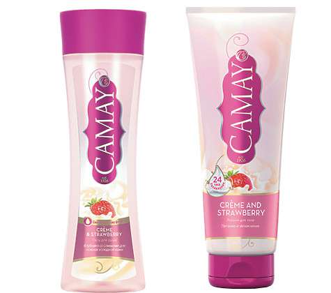 Коллекция «Клубника со сливками»: лосьон для тела, гель для душа от Camay. Фото: материалы пресс-служб.
