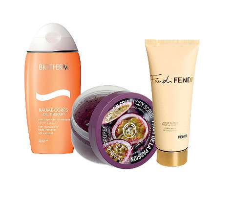 Скраб для тела The Body Shop, лосьон для тела Fan Di Fendi, лосьон для тела Biotherm, масло для тела Caudalie. Фото: материалы пресс-служб.