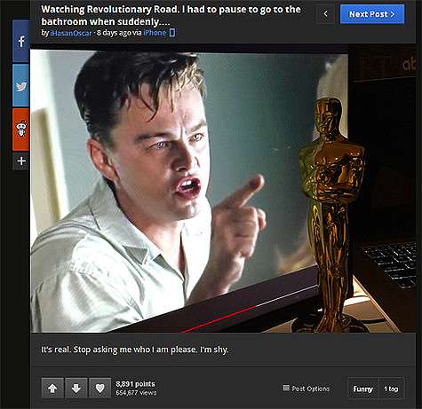 А на прошлой неделе «У меня есть Оскар» выложил фото статуэтки на фоне телевизора с кадром из фильма «Дорога перемен». Фото: Imgur.com.