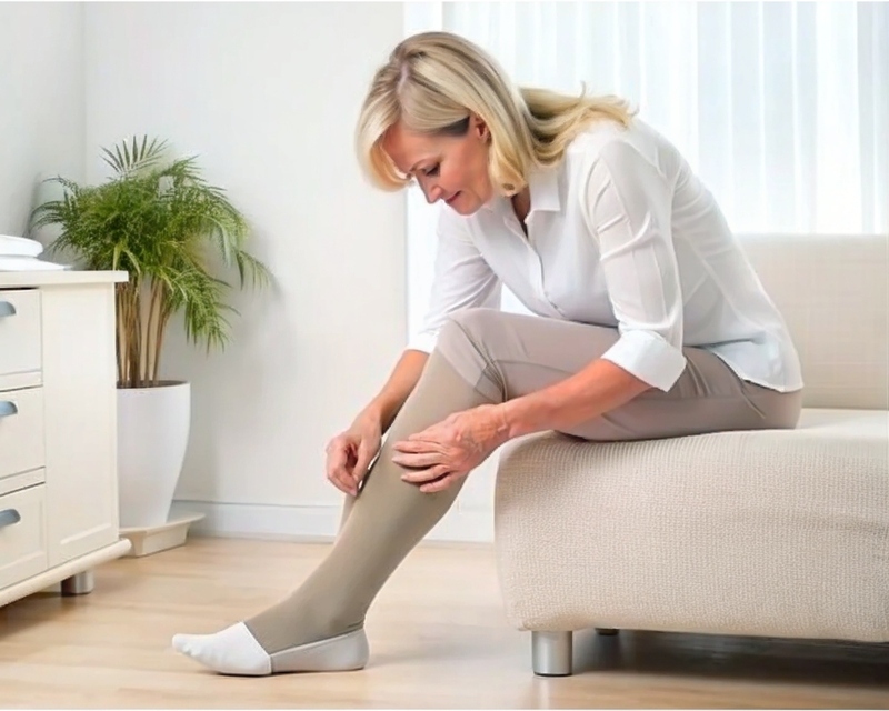 Женщина надевает компрессионные чулки