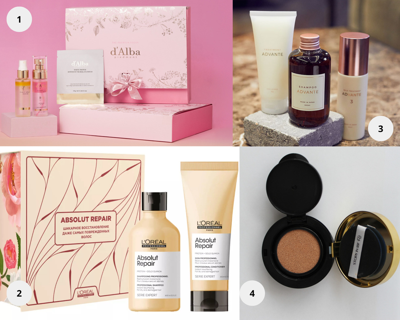 1. Подарочный набор d'Alba: Спрей-сыворотка мультифункциональная White Truffle First Spray Serum,Восстанавливающая спрей-сыворотка для волос с ароматом фрезии Professional Repairing Hair Perfume Serum, Патчи с коллагеном для области вокруг глаз White Truffle Intensive The Real Eye Patch. 2. Подарочный набор L'Oreal Professionnel Paris Absolut Repair. 3. Подарочный набор для восстановления волос Advante.4. Премиальный кушон РО2 с SPF 50+ и растительными экстрактами.