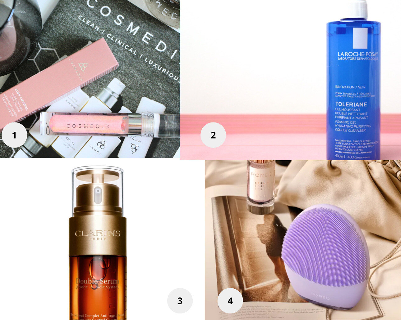 1. Увлажняющий блеск для губ с жидкими кристаллами LUMI CRYSTAL, COSMEDIX. 2. Гель-пенка для умывания La Roche Posay Toleriane Очищающая двойного действия. 3. CLARINS Double Serum, Комплексная омолаживающая двойная сыворотка для лица. 4. Умный девайс для очищения кожи FOREO LUNA 4