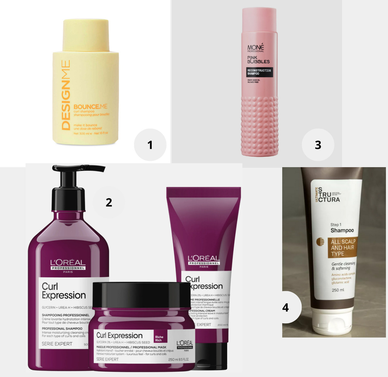 1. Шампунь для вьющихся волос BOUNCE.ME, Design me. 2. Комплекс для кудрявых волос Curl Expression, L'Oreal Professionnel Paris. 3. Шампунь-Восстановление Для Волос/Reconstruction Shampoo, Mone Professional. 4. Шампунь для мягкого очищения всех типов волос, STRUCTURA.