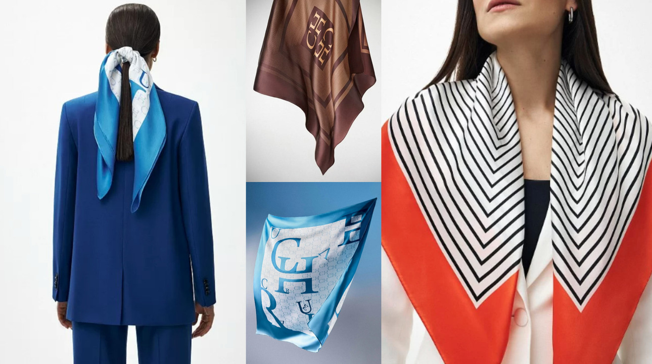 Мы убеждены, что премиальное качество кроется в деталях – напоминанием об этом служит изображение петли жакета в логотипе», - говорят создатели бренда CHARUEL и предлагают шелковые платки как раз с этим логотипом