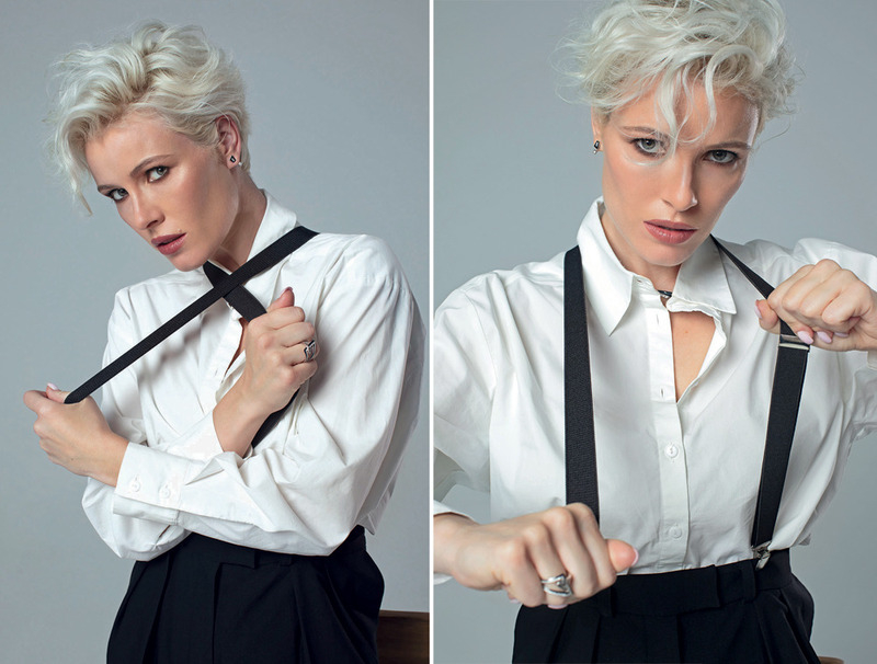 Рубашка, Van Laack; брюки, namelezz; подтяжки, Van Laack; серьги из коллекции Dynamite, колье из коллекции Crystal Haze ll и кольцо из коллекции Vertigo, все – Stephen Webster