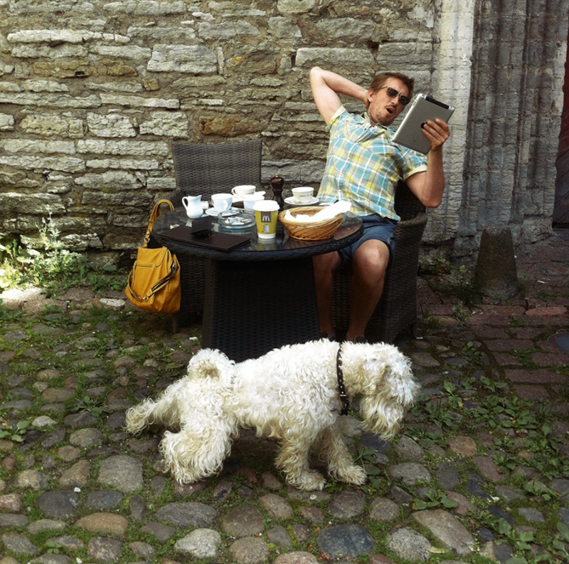 Терьер Вениамин – весьма компанейский парень, сопровождает хозяев не только на прогулках, но и по ресторанам