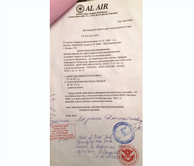 Завещание Людмилы Браташ, оформленное на Джигурду и его семью