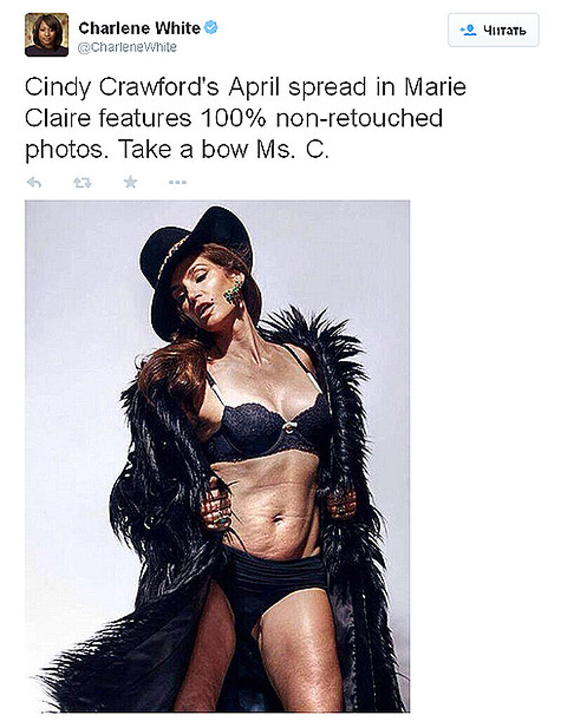 Неотретушированный снимок Синди Кроуфорд. Фото: Twitter.com/@CharleneWhite.