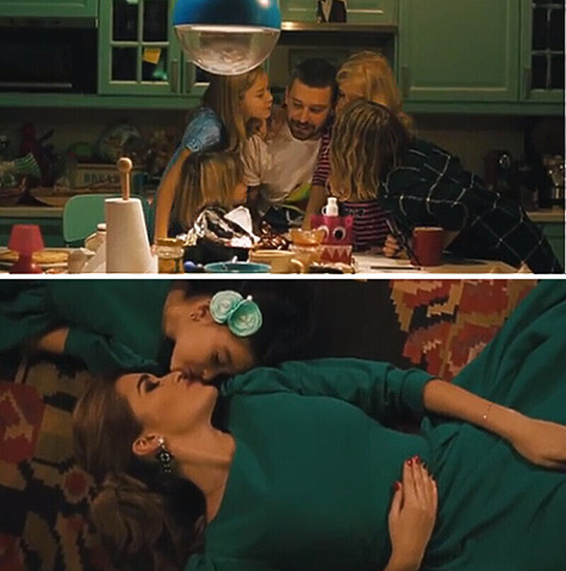 Ксения Бородина с дочерью Марусей/Владимир Кристовский с детьми. Кадр из клипа.