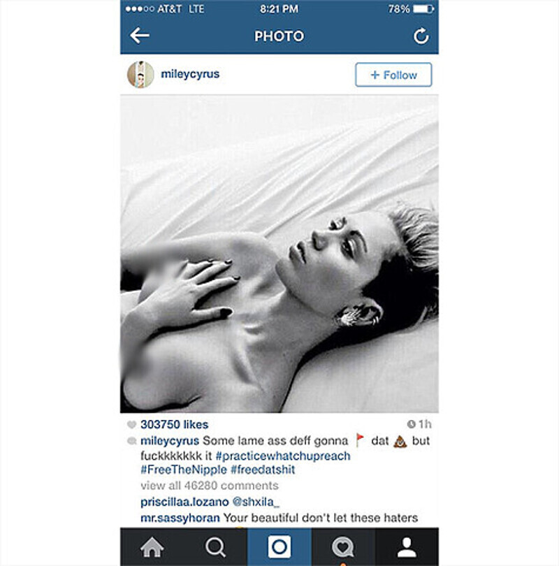 Майли Сайрус опубликовала фотографию топлес с неприкрытыми сосками. Фото: Twitter.com/@freethenipple.