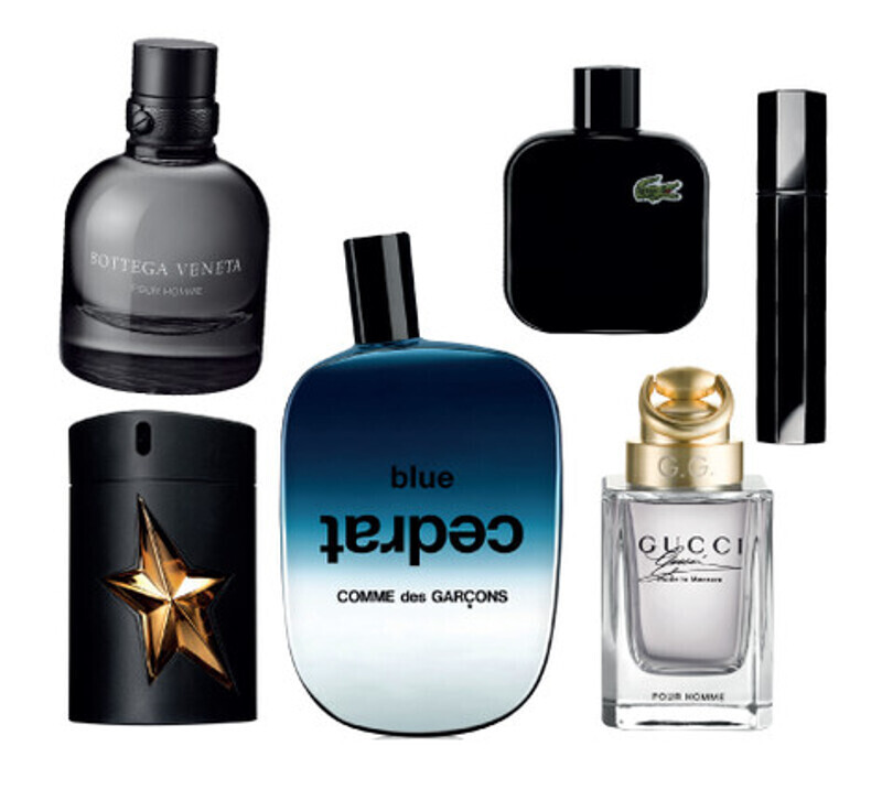Eau de Lacoste Noir Edt, Pour Homme от Bottega Veneta, Blue Cedrat от Comme des Garcons, Iris Silver Mist от Serge Lutens, Gucci Made to Measure, A Men Pure Malt от Thierry Mugler. Фото: материалы пресс-служб.