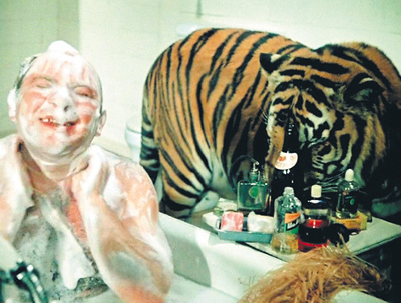 Евгений Павлович всячески отнекивался от съемок в ванной вместе с тигром. Но режиссер пошел на хитрость. Он сказал актеру, что между ним и тигром будет толстое стекло, а когда Леонов закрыл глаза — убрал его. Так что все эмоции в этой сцене не поддельные.